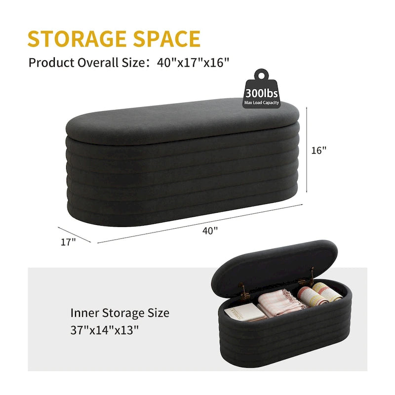 Storage Chenille Ottoman Bench Upholstered Fabric Storage Bench End of Bed Stool with Safety Hinge