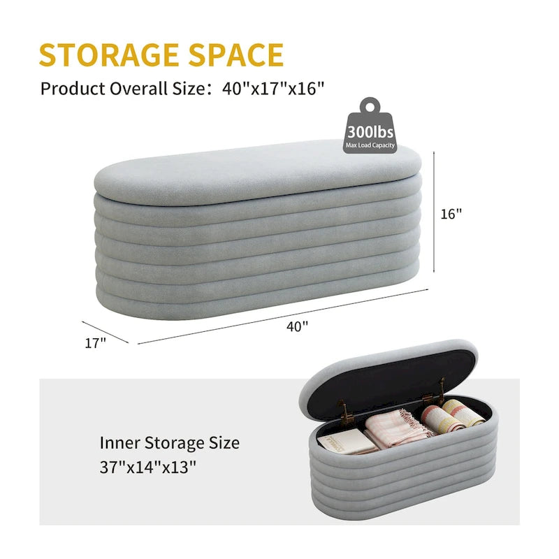Storage Chenille Ottoman Bench Upholstered Fabric Storage Bench End of Bed Stool with Safety Hinge