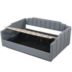 Upholstered Frame Daybed with Underneath Flip-up Storage and Irregular Guardrail, Full Size Sofa Bed for Bedroom Living Room