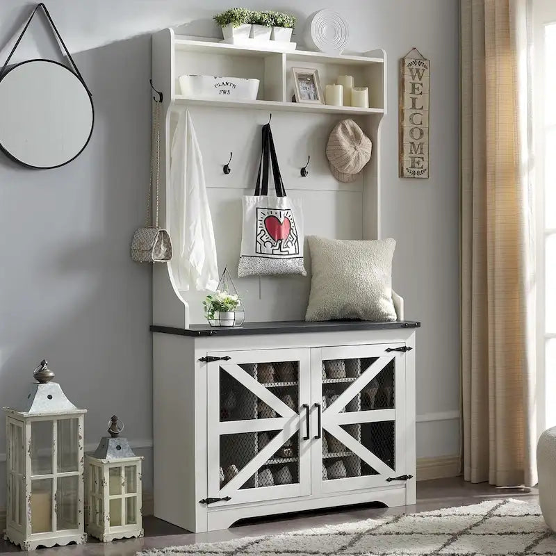 42 Wide Farmhouse Entryway Bench with Coat Rack, Mudroom Cabinet