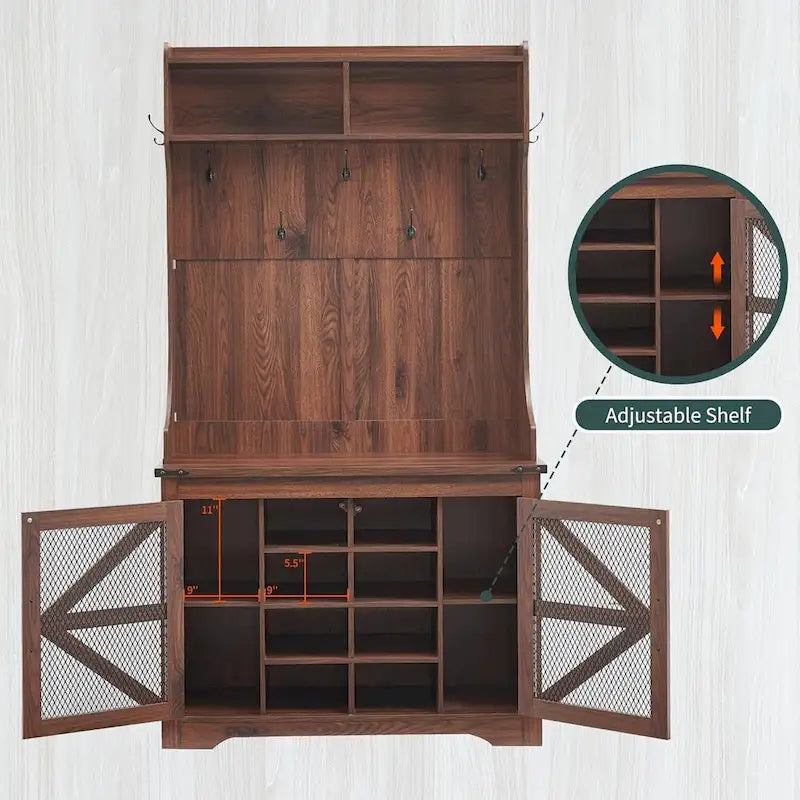 42 Wide Farmhouse Entryway Bench with Coat Rack, Mudroom Cabinet