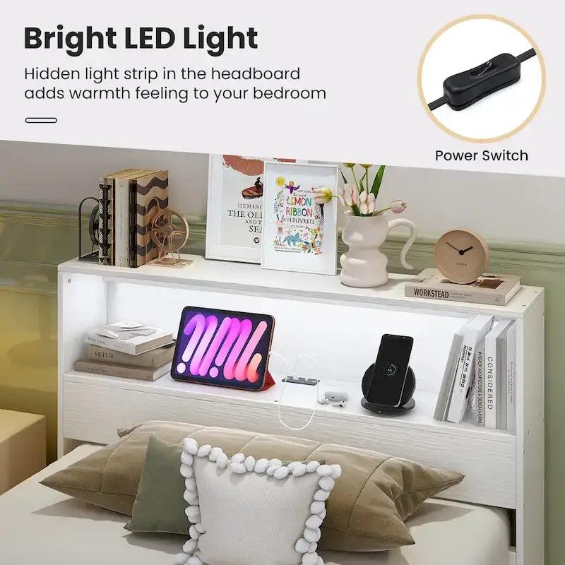 Single Wooden Bed Frame (with Charging Station and LED Lights)