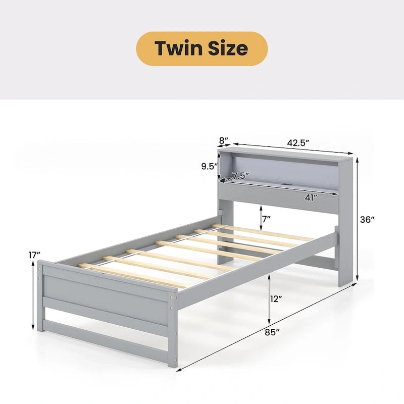 Single Wooden Bed Frame (with Charging Station and LED Lights)