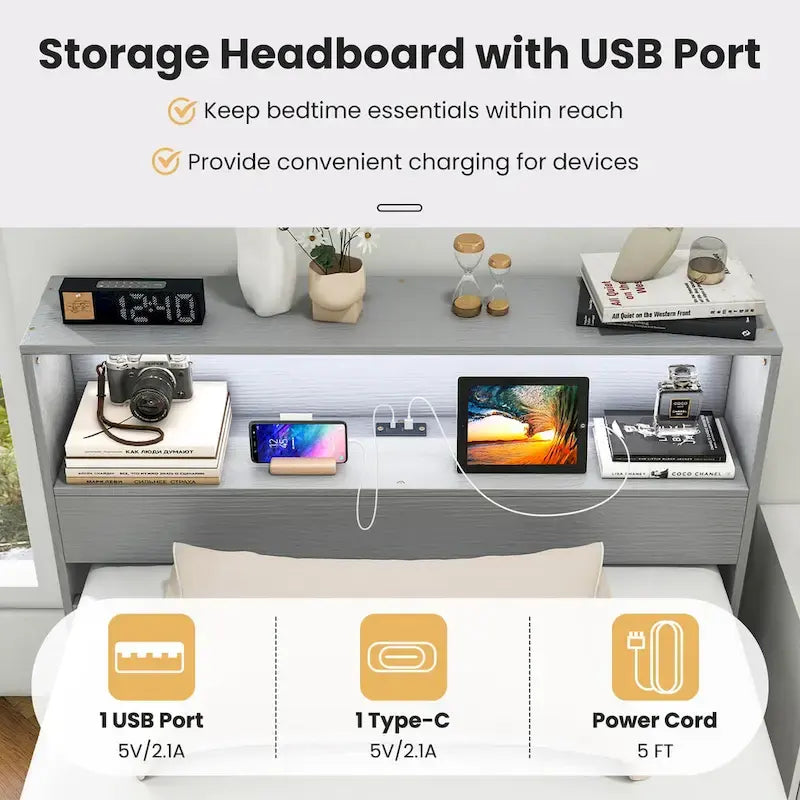 Single Wooden Bed Frame (with Charging Station and LED Lights)