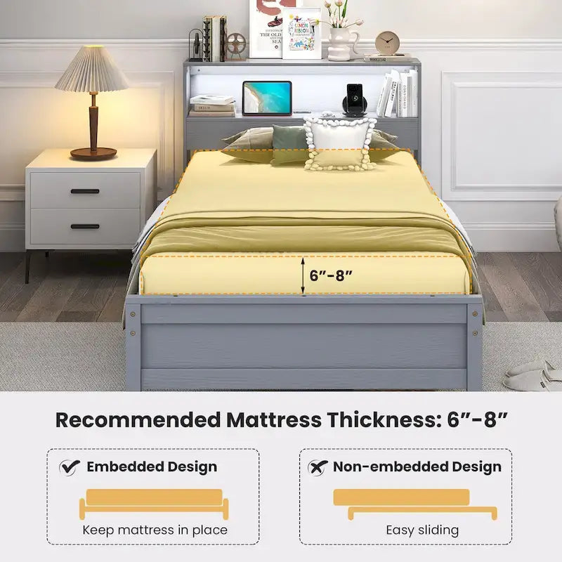Single Wooden Bed Frame (with Charging Station and LED Lights)