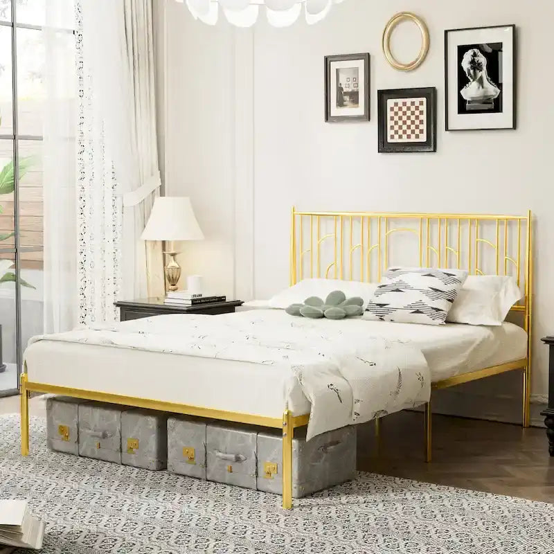 Platform Bed Frame Featuring Decorative Finials And Under-Bed Storage Space; No Box Spring Required.