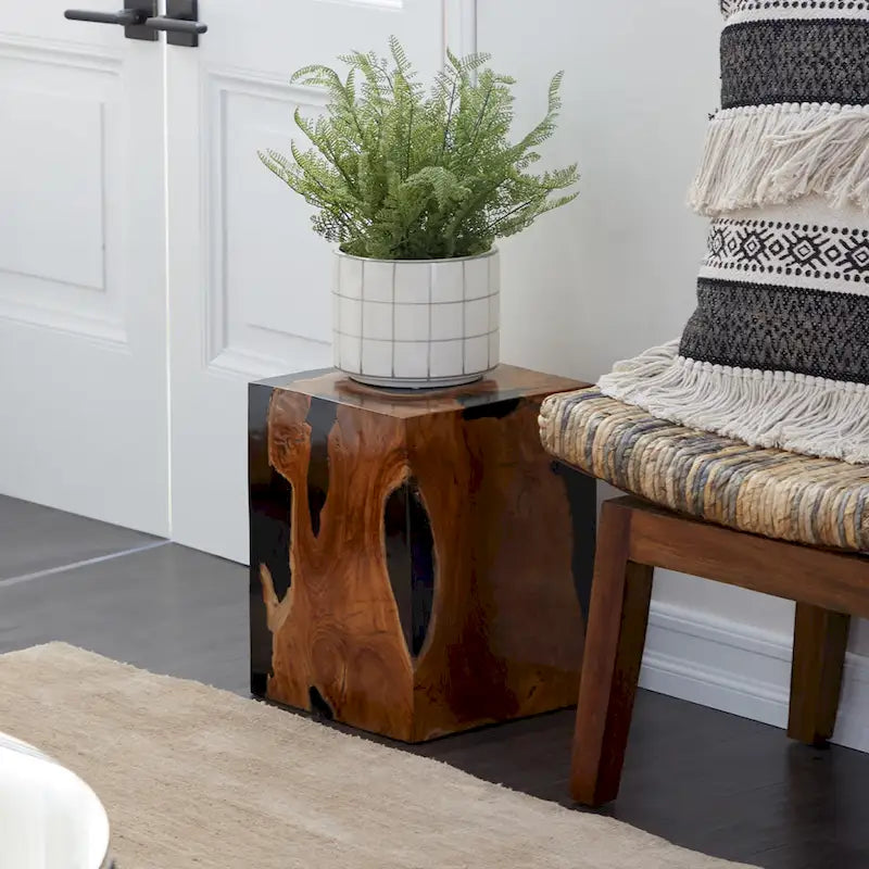 Teak Wood Block Accent Table with Black Resin Inlay - Brown-11Wx12Lx15H