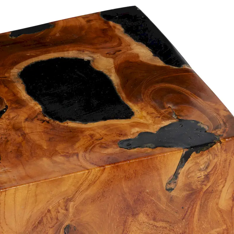 Teak Wood Block Accent Table with Black Resin Inlay - Brown-11Wx12Lx15H