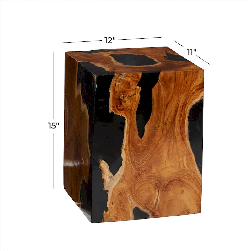 Teak Wood Block Accent Table with Black Resin Inlay - Brown-11Wx12Lx15H