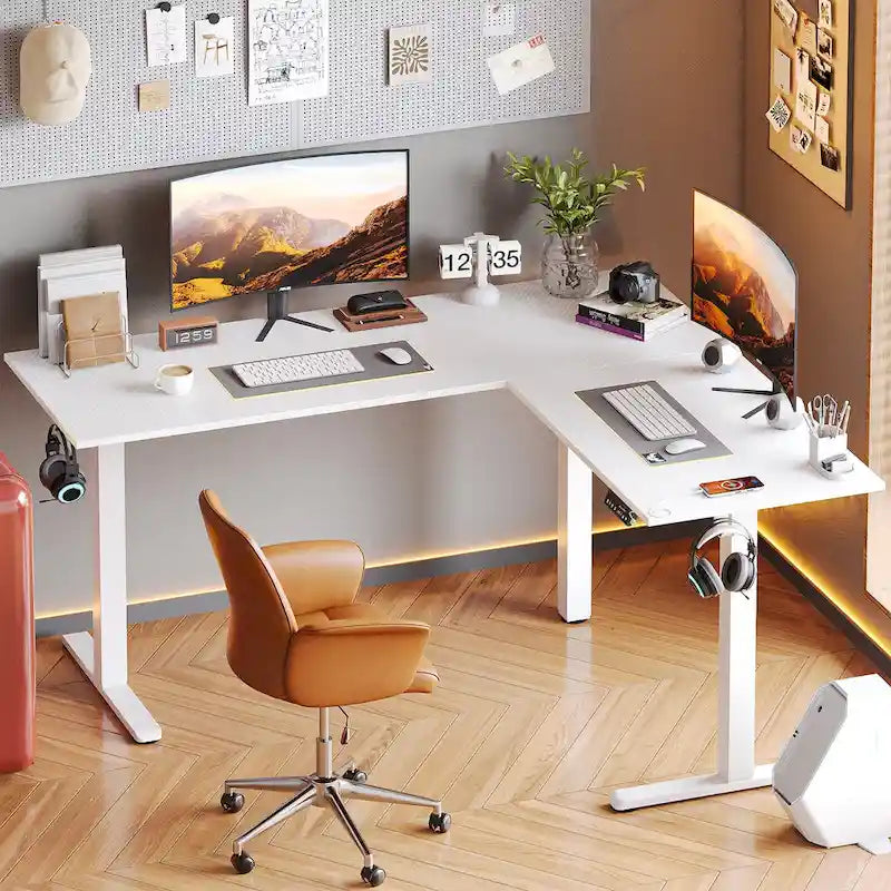 63 L Shaped Standing Desk Corner Desk LED Gaming Desk with Ergonomic Monitor Stand