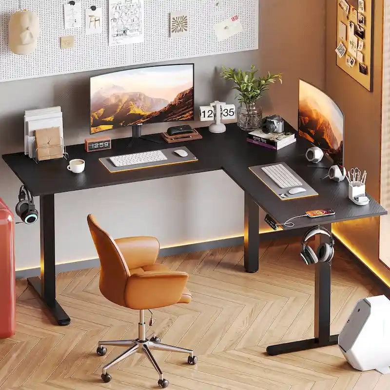 63 L Shaped Standing Desk Corner Desk LED Gaming Desk with Ergonomic Monitor Stand