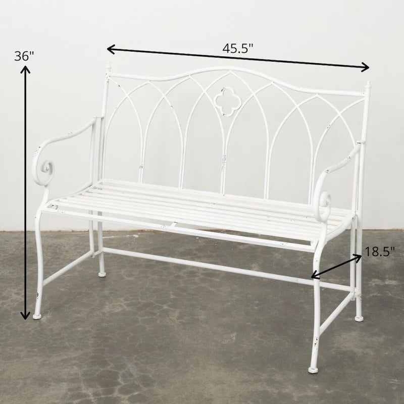 Bright White Metal Garden Bench (36" High) — 45.5" L x 18.5" W x 36" H