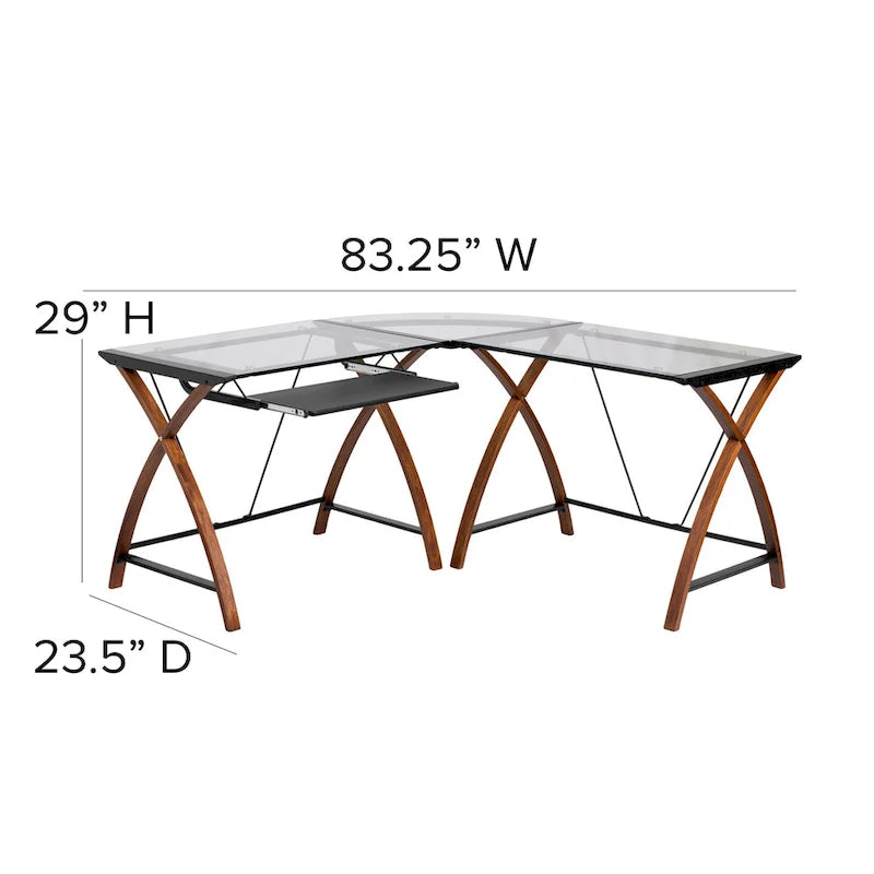 Glass L-Shape Corner Computer Desk with Pull-Out Keyboard Tray