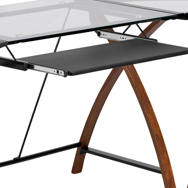 Glass L-Shape Corner Computer Desk with Pull-Out Keyboard Tray