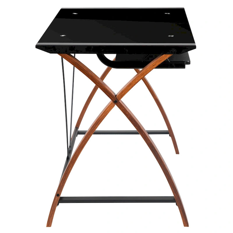 Glass L-Shape Corner Computer Desk with Pull-Out Keyboard Tray