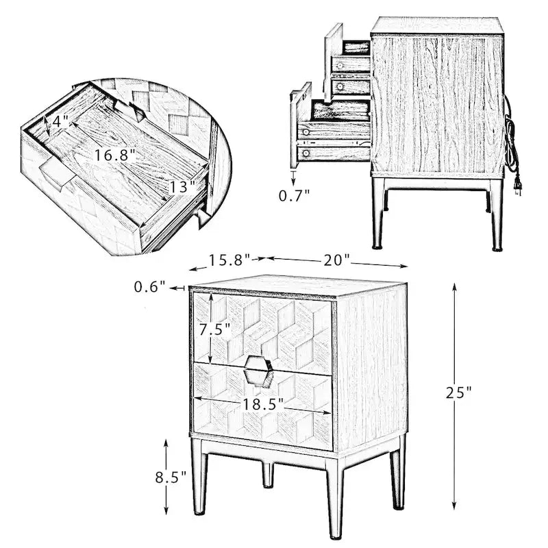 Modern Tall 2-Drawer Nightstand (With Charging Station And Adjustable Feet) — Set Of 2