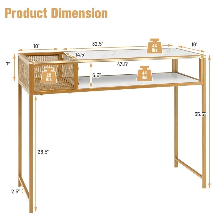 Faux Marble Console Table with Wire Baske for Entryway - 47.5 x 12 x 35.5 (L x W x H)