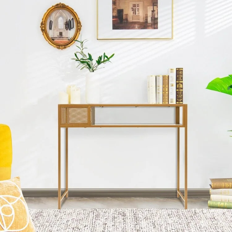 Faux Marble Console Table with Wire Baske for Entryway - 47.5 x 12 x 35.5 (L x W x H)