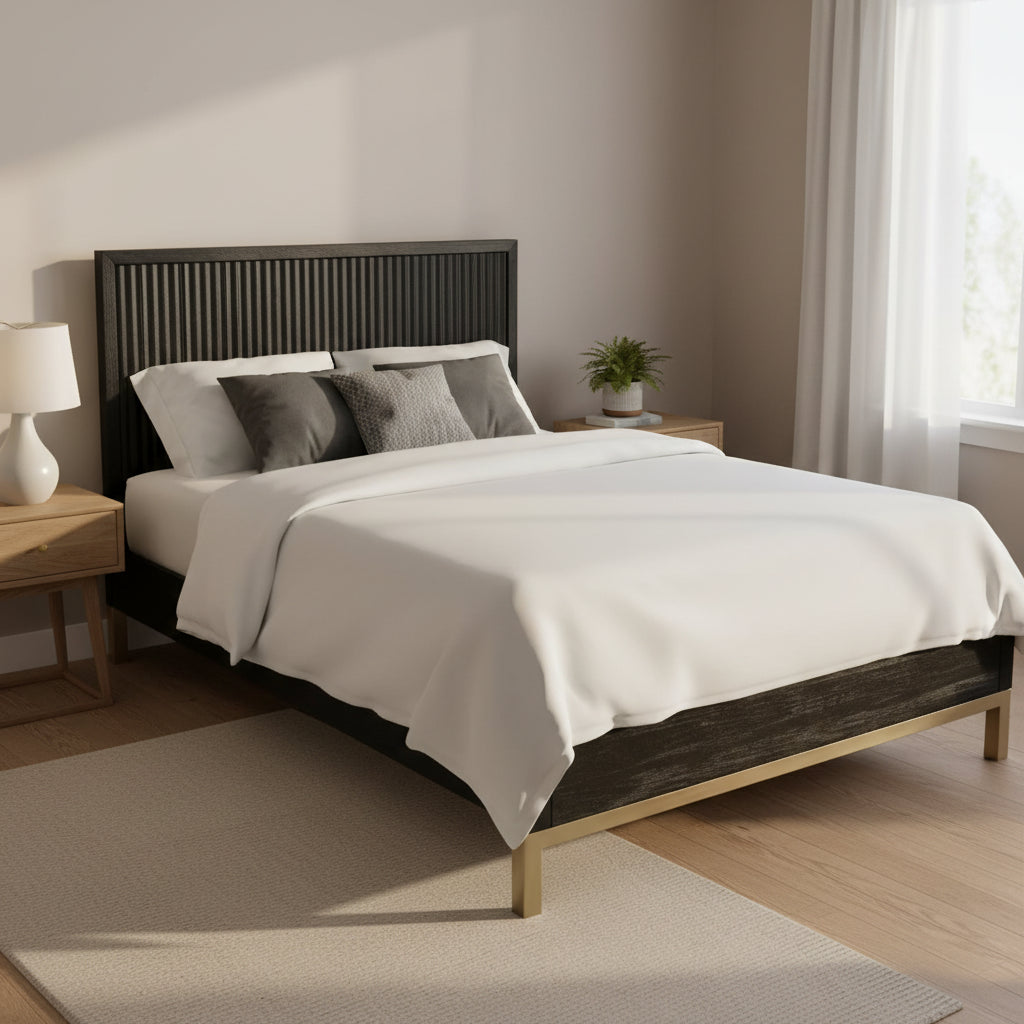 Carl California King Platform Bed, Lined Ribbed Panel Headboard, Black