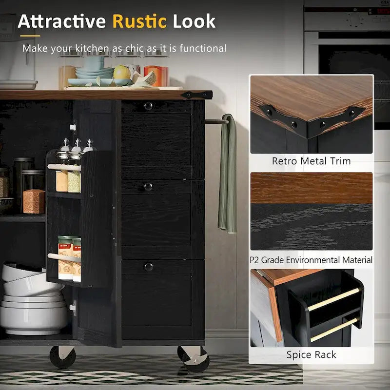 54.5 Farmhouse Kitchen Island with Power Outlet, Internal Storage Rack, Drop-Leaf Tabletop, Spice Rack, Rolling Cart On Wheels