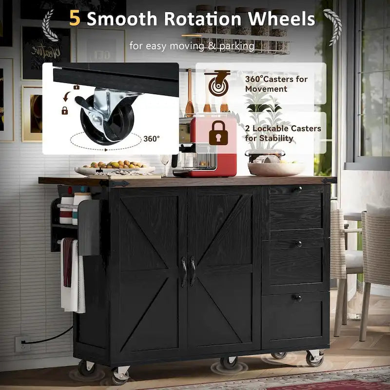 54.5 Farmhouse Kitchen Island with Power Outlet, Internal Storage Rack, Drop-Leaf Tabletop, Spice Rack, Rolling Cart On Wheels