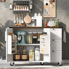 54.5 Farmhouse Kitchen Island with Power Outlet, Internal Storage Rack, Drop-Leaf Tabletop, Spice Rack, Rolling Cart On Wheels
