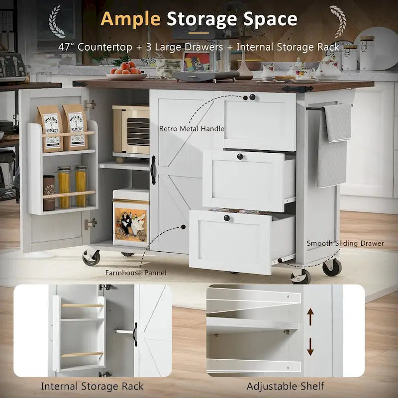 54.5 Farmhouse Kitchen Island with Power Outlet, Internal Storage Rack, Drop-Leaf Tabletop, Spice Rack, Rolling Cart On Wheels