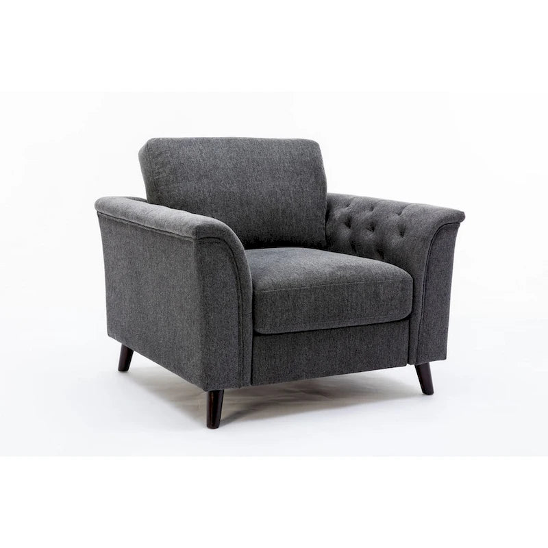 37 Inch Accent Sofa Chair, Tufted Arms, Padded, Gray Linen, Solid Wood