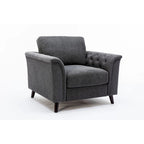 37 Inch Accent Sofa Chair, Tufted Arms, Padded, Gray Linen, Solid Wood