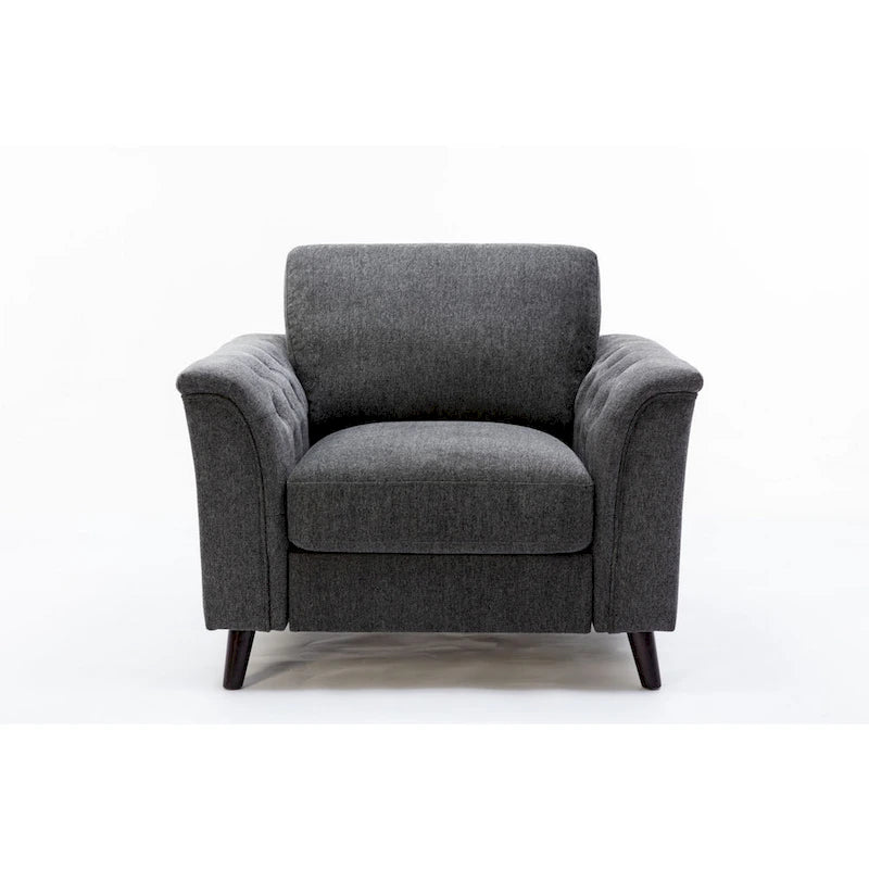 37 Inch Accent Sofa Chair, Tufted Arms, Padded, Gray Linen, Solid Wood