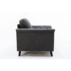 37 Inch Accent Sofa Chair, Tufted Arms, Padded, Gray Linen, Solid Wood