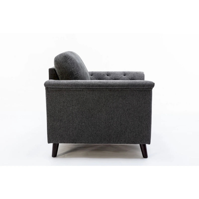 37 Inch Accent Sofa Chair, Tufted Arms, Padded, Gray Linen, Solid Wood