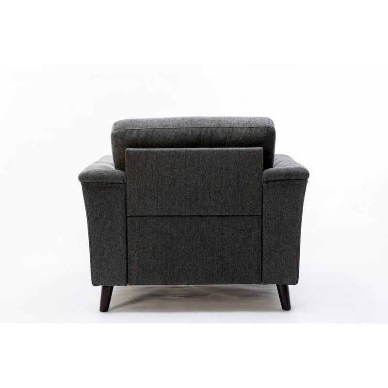 37 Inch Accent Sofa Chair, Tufted Arms, Padded, Gray Linen, Solid Wood